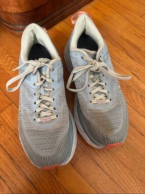 Hoka blue gray Sneakers with Coral Pull Tabs